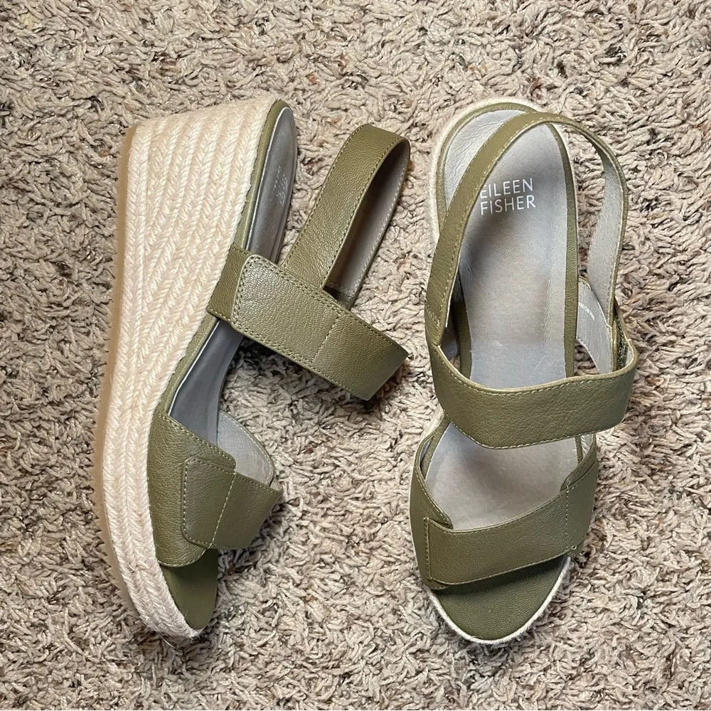 Eileen Fisher olive green tumbled‎ leather espadrilles wedge heel